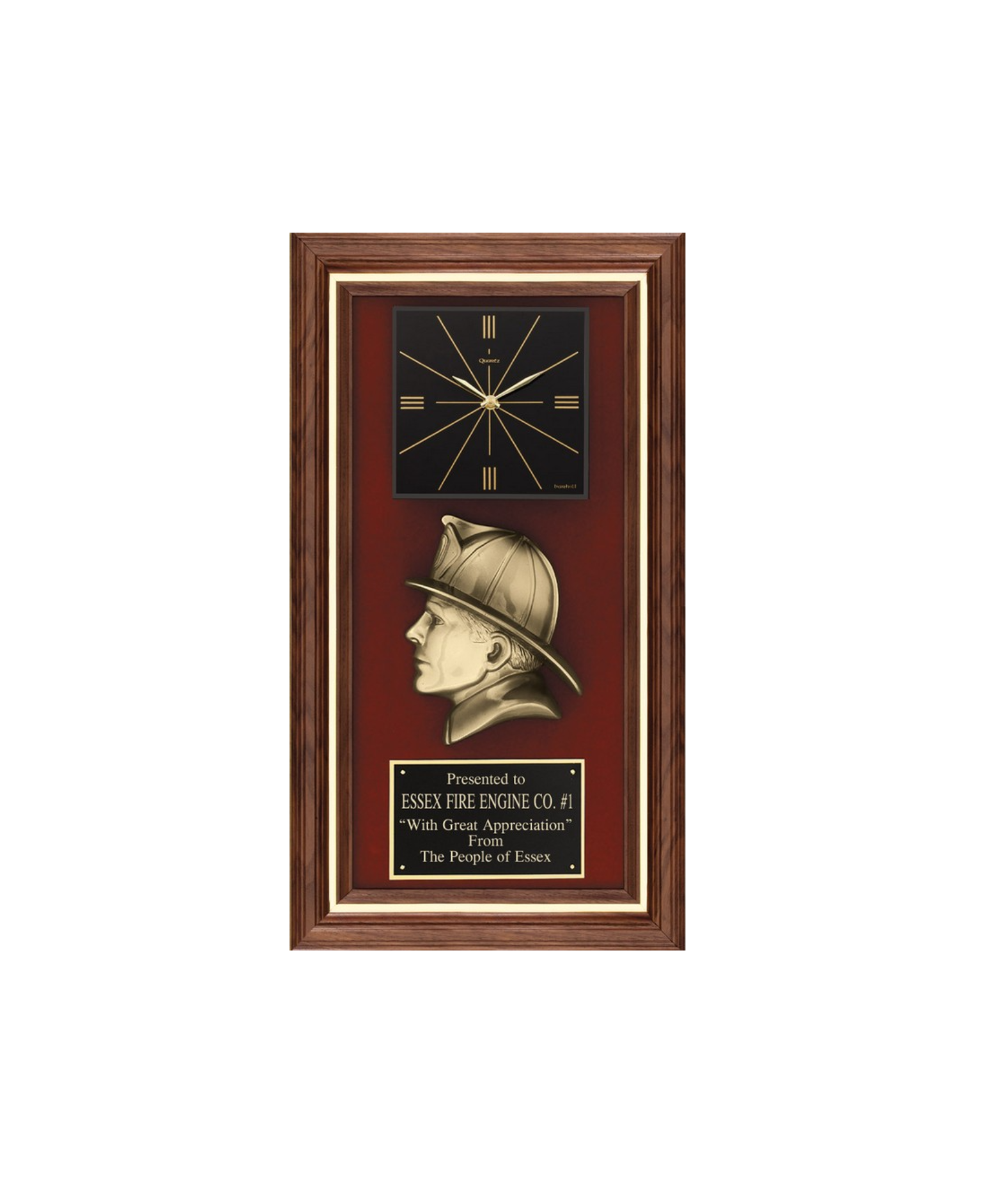 Walnut Plaque with Black Face Clock & Fireman